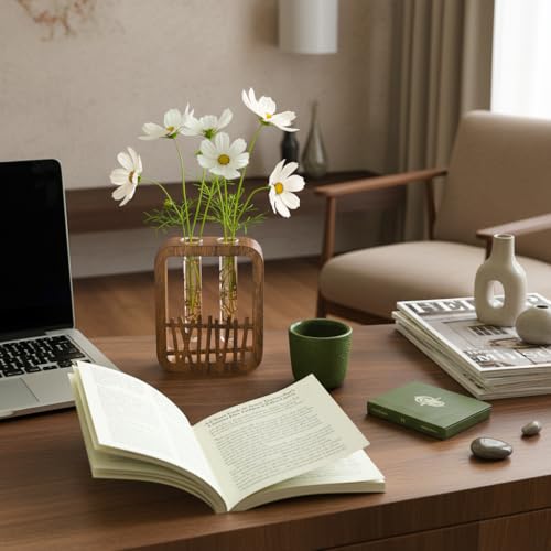 Walnut Wood Terrarium Planter - 2 Glass Test Tube Vase & Boho Plant Stand for Hydroponics, Home Office Desk Decor, Unique Housewarming Birthday Gifts for Women Plant Lovers - size: Double Tube