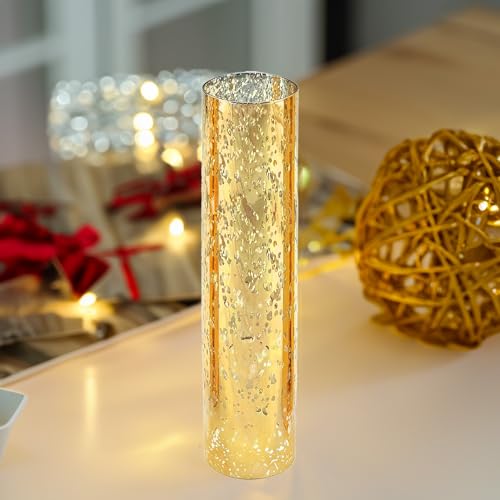 WGVI Hurricane Candle Holder Sleeve, W: 3", Ht: 14", Gold Speckled Glass Cylinder Open Both Ends, Chimney Tube Shade, 2 Pieces - color: Gold Speckle, size: 3x14"H