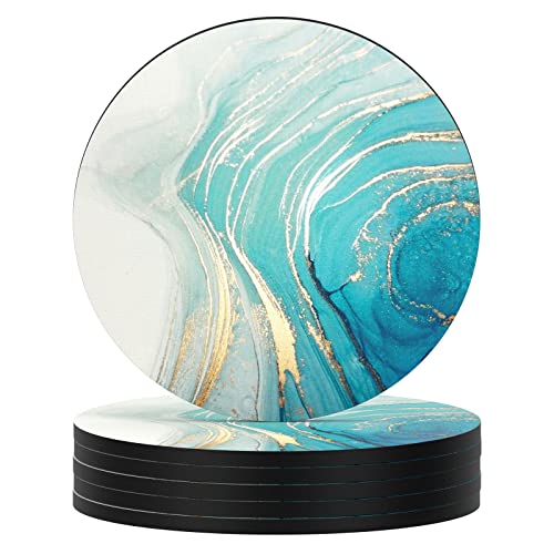 Nipichsha Coasters for Drinks, Set of 6 Cute Absorbent Rubber Drink Coasters for Cup with Non Slip Backing, Kitchen Home Decor Housewarming Gift, Round 4 in, Teal Marble | Set of 6 Cute Absorbent Rubber Drink Coasters for Cup with Non Slip Backing, Kitche