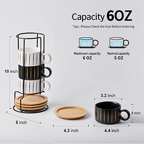 LUKA Porcelain Espresso Cup with Saucer and Metal Stand, 6 Ounce Stackable Ceramic Demitasse Espresso Mugs Cappuccino Cups Set for Latte,Coffee,Cafe Mocha,Tea(Set of 4) - color: Black & White Stripes