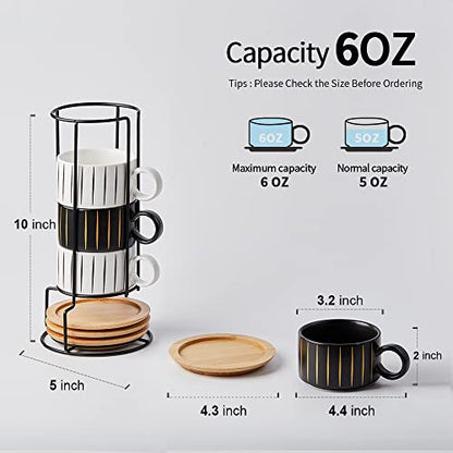 LUKA Porcelain Espresso Cup with Saucer and Metal Stand, 6 Ounce Stackable Ceramic Demitasse Espresso Mugs Cappuccino Cups Set for Latte,Coffee,Cafe Mocha,Tea(Set of 4) - color: Black & White Stripes