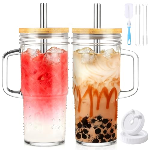 Birity 24oz Glass Cups with Lids and Straws,Glass Tumbler with Handle,2 set–Reusable Glass Ice Coffee Cups with Lid and Straw for Smoothies,Tea,Juice,Boba Cup for Cold & Hot Drinks,Travel Cup - color: 24 oz 2-pack classic