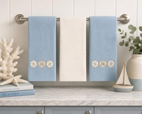 Coastal Kitchen Towels- Set of 3 Blue White 100% Cotton Embroidered Elegant Coastal Shells Gold Design - 16 x 26 Multipurpose Towels for Everyday Use - color: Coastal Shells Gold