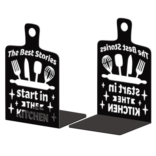 5.3"x4.3"x7.9" Metal Bookends, Heavy Duty Book Ends for Shelves | Cutting Board Theme Cast Iron Book Supports, 1 Pair Decor Stoppers for Desk, Library, Office & Home Shelves - style: Cutting Board