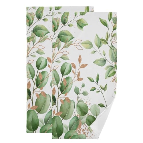 Green Gold White Leaves Floral Hand Towels Bath Towels Set of 2 | Eucalyputs Leaf Branches Decorative Bathroom Towels Soft Absorbent Quick Dry Bath Face Hair Dish Towels for Kitchen 28"x14" - color: Green