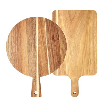 2 Pcs Acacia Wood Cutting Board Set with Handle, Round & Rectangular Wooden Cutting Boards, Charcuterie Board, Chopping Board Set with Hanging Design, Serving Tray for Cheese Meat Pizza