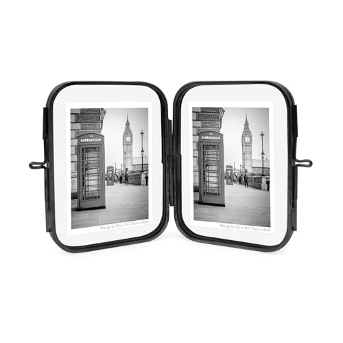 Isaac Jacobs 2x3 Black Double-Sided Metal Floating Photo Frame w/ClaspLock | Double-Sided Round-Edged Brass & Glass Metal Floating Picture Frame Locket Closure (Vertical), Tabletop (2x3, Black) - color: Black, size: 2x3