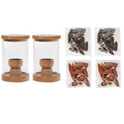 HOSLEY 2-Pack Wood & Glass Backflow Incense Burner Kit Includes 25 Incense Cones | Elegant Aromatherapy Set for Home, Office, Meditation & Relaxation - color: Brown2