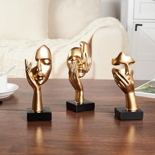 Gold Decor Thinker Statues Set of 3,Golden Abstract Face Resin Sculptures,Home Decor Accents,Office Bookshelf Decor, Shelf Side, Table Decorations for Living Room, Gift for Friends (gold-3Pcs)