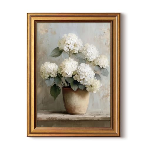 InSimSea 12x16 Gold Framed Vintage Hydrangea Canvas Wall Art, Rustic Floral Still Life Painting Prints, Retro Farmhouse Wall Decor Artwork for Bedroom Living Room Bathroom - color: Hydrangea, size: 16"L x 12"W