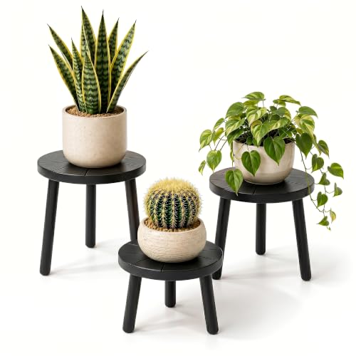 Wood Plant Stands 3-Pack Indoor, Plant Stool, Black | Premium carbonized pine with moisture-resistant, burr-free finish, Snap together in 60 seconds, no tools needed - color: Black, size: 3-Pack