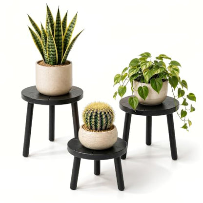 Wood Plant Stands 3-Pack Indoor, Plant Stool, Black | Premium carbonized pine with moisture-resistant, burr-free finish, Snap together in 60 seconds, no tools needed - color: Black, size: 3-Pack
