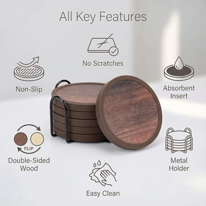 Absorbent Coasters for Drinks with Holder - 6packs, Silicone Coaster with Soft Felt Insert (4.3 inch Coasters with 4.5 inch Holder, Wooden Style) - color: Wooden Style