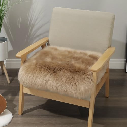 LLB Sheepskin Chair Cushion Non-Slip Back Square Genuine Fur Chair Cover Silky Natural Wool Seat Cushion Pad Soft Area Rugs Carpet for Home Office Restaurant Chair 18x18 Inch (Pack of 1), Tan - color: Tan, size: 18x18 Inch (Pack of 1)