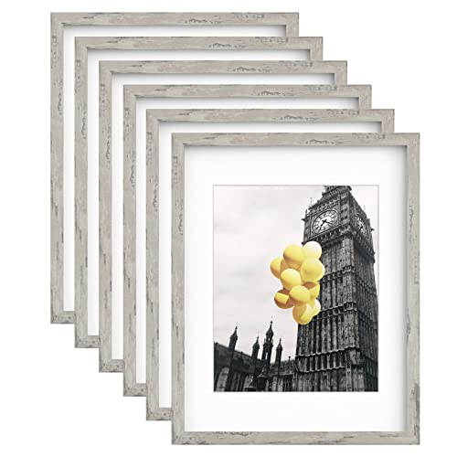 Picture Frames 11x14 Set of 6, Distressed Grey Photo Frame, Display Pictures 8x10 with Mat or 11x14 Without Mat, Washed Farmhouse Frame - color: Distressed Gray, size: 11x14