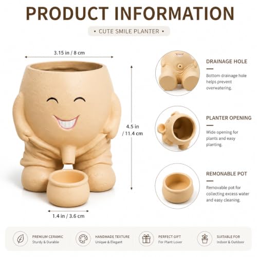 Cute Head Planter, Fun Head Vase Face Plant Pot for Plants for Indoor Outdoor Décor, Unique Cactus Office Flower Pots