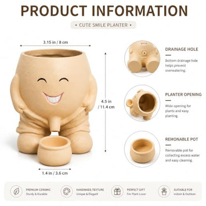 Cute Head Planter, Fun Head Vase Face Plant Pot for Plants for Indoor Outdoor Décor, Unique Cactus Office Flower Pots