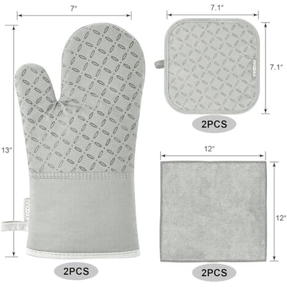 KEGOUU Oven Mitts and Pot Holders 6pcs Set, Kitchen Oven Glove High Heat Resistant 500 Degree Extra Long Oven Mitts and Potholder with Non-Slip Silicone Surface for Cooking （Greenish Gary） - color: Greenish Gary