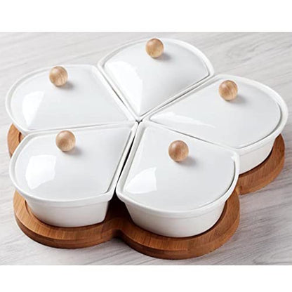 Ceramic Divided Serving Dishes with Lids and Bamboo Platter, 5 Removable Dipping Bowls Relish Tray Nuts Dishes for Appetizer, Chips, Fruits, Candy, Condiment