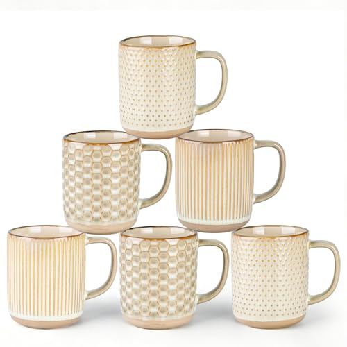 GBhome Coffee Mugs Set of 6, 16 oz Coffee Cups with Large Handle | 3 Assorted Designs, Embossed Ceramic Coffee Mugs for Coffee/Tea/Cappuccino, Dishwasher&Microwave Safe, Pale Khaki - color: Pale Khaki, size: Set of 6 (16 Ounce)