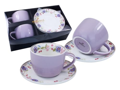 Porcelain Set of 2 Pastel Cups 8 oz with Saucers 5.75", Glamour by Marsseus Collection, Gift Box, Floral motif - color: Floral motif-2