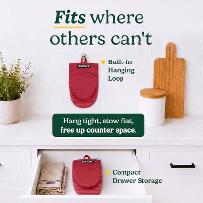 Cuisinart Mini Oven Mitts, 2-Pack 5"x8.5", Heat Resistant 500F | Compact pot holder for baking, air fryer, and cookware, silicone non-slip grip, hanging loop, fits either hand, wipes clean - color: Red