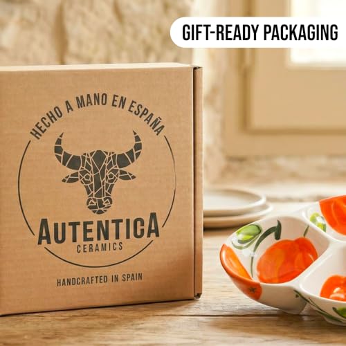3-Compartment Ceramic Serving Dish, Handmade in Spain | 7.5” divided chip and dip bowl with lead-free glaze, microwave, oven and dishwasher safe, ideal for tapas, snacks and sauces - color: Orange Glow