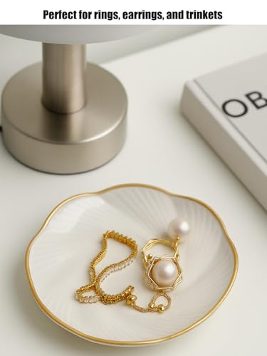 Ceramic Jewelry Tray with Gold Edge, 5 Inch Modern Trinket Dish for Rings, Bracelets & Earrings, Elegant Dresser Organizer (White) - color: White_round