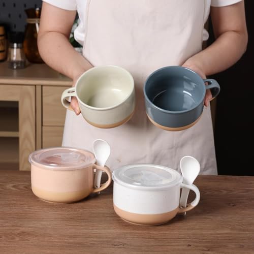GBhome Ceramic Soup Mugs with Handles and Lids,24 OZ Soup Cups Set of 2 | Terracotta Underside,Mug Bowls with Spoon for Soup/Cereal/Salad/Noodles/Ramen/Microware &Dishwasher Safe - color: White & Orange