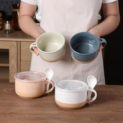 GBhome Ceramic Soup Mugs with Handles and Lids,24 OZ Soup Cups Set of 2 | Terracotta Underside,Mug Bowls with Spoon for Soup/Cereal/Salad/Noodles/Ramen/Microware &Dishwasher Safe - color: White & Orange