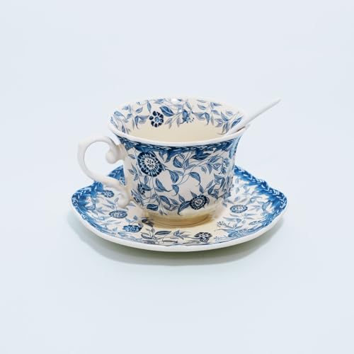 Bone China Tea Cup and Saucer Set with Spoon，Elegant Floral Tea Cup Set (7 oz)，British Coffee Latte Mug for Birthday Party Christmas gift for Friends - color: Blue-01