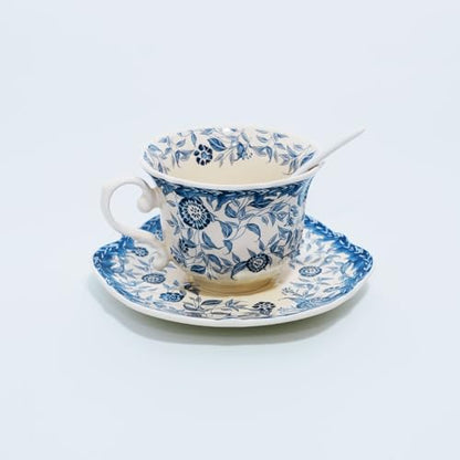 Bone China Tea Cup and Saucer Set with Spoon，Elegant Floral Tea Cup Set (7 oz)，British Coffee Latte Mug for Birthday Party Christmas gift for Friends - color: Blue-01