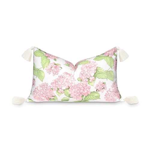 Hofdeco Premium Coastal Patio Indoor Outdoor Lumbar Pillow Cover Only, 12"x20" Water Repellent for Backyard, Couch, Blush Pink Green Print Sketch Hydrangea Flower - color: Blush Pink Green Sketch Hydrangea Flower 12"x20", size: 12"x20"