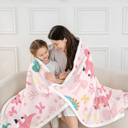 Cute Dino Kids Fleece Blanket,Kawaii Bowknot Heart Princess Style Throw Blanket for Adult,Pink Dinosaur Bow Tie Cartoon Animal Lightweight Polyester Sofa Sherpa Blanket, Queen (90 x 90 Inch) - color: 01 Pink Blue, size: Queen
