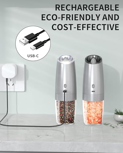 CIRCLE JOY Gravity Electric Salt and Pepper Grinder Set with 2-Speed, Rechargeable Salt and Pepper Grinder Set, Adjustable Coarseness, Whiet LED Light - color: Silver Variable Speeds, size: KYMQ + Rechargeable