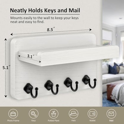 Nekon Key Holder Wall Mount, 8.5 Inch Small Wooden Wall Organizer, White | Rustic Wall Shelf, Farmhouse Key and Mail Holder for Living Room Entryway Kitchen - color: White