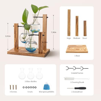 Plant Propagation Station，Hydroponic Glass Bulb Vase with Wooden Stand Decorative Propagation Stations with Blue Glass Beads for Home Desk Office Gardening Gifts for Mom Women Plant Lovers