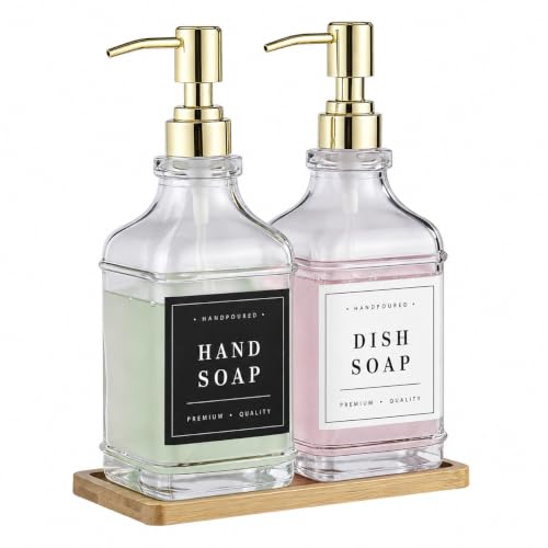 Clear Glass Soap Dispenser Set: Modunful 2 Pack 16.9oz Countertop Soap Dispenser with Bamboo Tray, Silicone Funnel & 60 Waterproof Stickers - for Kitchen Bathroom - color: Dm2647-gold