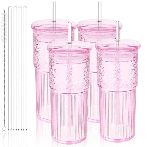 Luiaiog 20oz Glass Cups with Lids and Straws - Set of 4 Reusable Tumblers, Thickened Shatter-Resistant Glass, Ideal for Iced Coffee, Smoothies, Cocktails, Juices - Elegant & Durable Drinkware (Pink) - color: Pink 4pcs 20oz