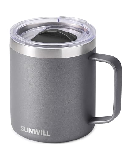 SUNWILL Travel Coffee Mug with Lid, Insulated Tumbler with Handle, 14 oz Stainless Steel Cup for Ice, Water, Tea, Cool Grey - color: Cool Gray