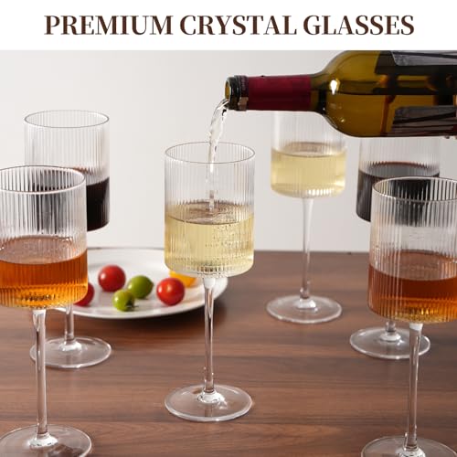 LUXULISH Ribbed Square Wine Glasses Set of 6, Vintage 13Oz White Red Wine Glass, Hand Blown Crystal Wine Glasses - Gifts for Women, Men, Wedding, Anniversary, Christmas, Birthday