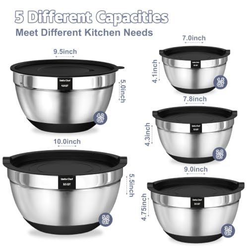 Umite Chef Mixing Bowls with Airtight Lids Set, 8PCS Stainless Steel Nesting Bowls Set, 3 Grater Attachments & Non-Slip Bottoms, Size 5, 4, 3.5, 2, 1.5QT for Baking & Mixing(Black) - color: Black