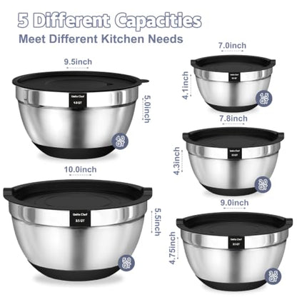 Umite Chef Mixing Bowls with Airtight Lids Set, 8PCS Stainless Steel Nesting Bowls Set, 3 Grater Attachments & Non-Slip Bottoms, Size 5, 4, 3.5, 2, 1.5QT for Baking & Mixing(Black) - color: Black