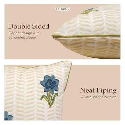JBH Hand Block Print Reversible Throw Pillow Covers 18x18 Inch Set of 2 – Handmade Cotton Throw Pillow Cases (Blue, Green, Cream, 18x18 Inch) - color: Blue, Green, Cream