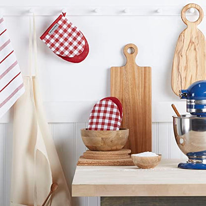 KitchenAid Gingham Cotton Mini Oven Mitt 2-Pack Set, Passion Red, 5.5"x8" - color: Passion Red