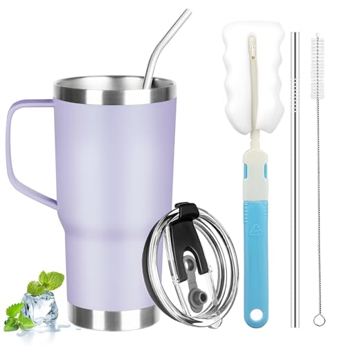 20 oz Tumbler with Handle, Stainless Steel Insulated Tumbler with Lid and Straw, Double Wall Vacuum Coffee Mug Tumbler, Insulated Coffee Thermal Cup for Cold and Hot (Light Purple) - color: Light Purple, size: 20 Ounces