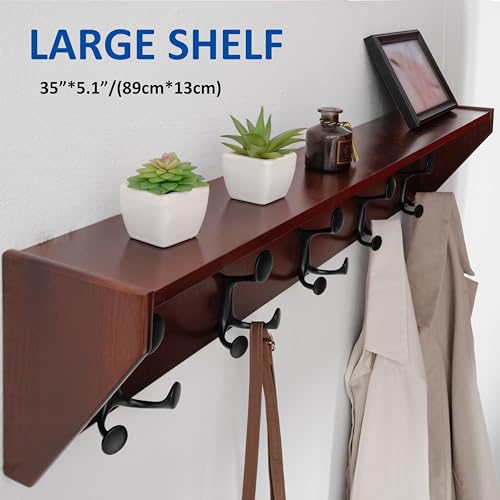 WEBI Wall Shelf with Hooks Underneath,35" Long Wall Mounted Coat Rack with Shelf,Entryway Coat Rack with 5 Triple Hooks for Hanging Coats,Jacket,Hallway,Bedroom,Mudroom,Cherry - color: Cherry, size: 35 Inch