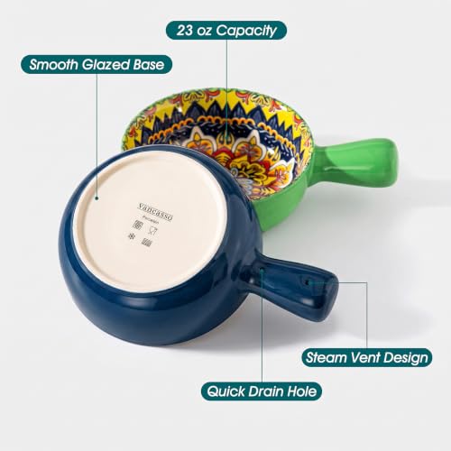 vancasso KRVI French Onion Soup Bowls, 23 Oz Porcelain, Set of 4 | Bohemian Porcelain Soup Bowls with Handles for Onion Soup, Chili, Cereal and Stew, 6.2 inch,Microwave and Dishwasher Safe