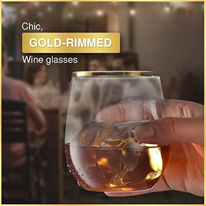 32 Pack Stemless Plastic Wine Glasses Disposable 12 Oz Gold Rim - Shatterproof Recyclable and BPA-Free, Stylish Drinkware for all Beverages, Cocktail Parties, Wedding Reception - color: Clear / with Gold Rim