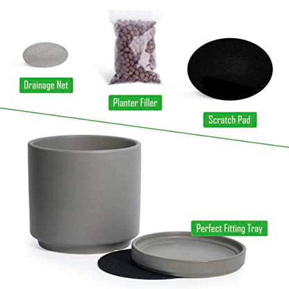 D'vine Dev 2-Pack Ceramic Pots with Saucers, 6/8 in, Grey, 94-G-M-3 | Glazed Ceramic, Drainage Hole, Perfect-Fit Saucer, Sleek Cylinder Shape, High Temperature Fired, Elegant Home Accent - color: Gray, size: Medium